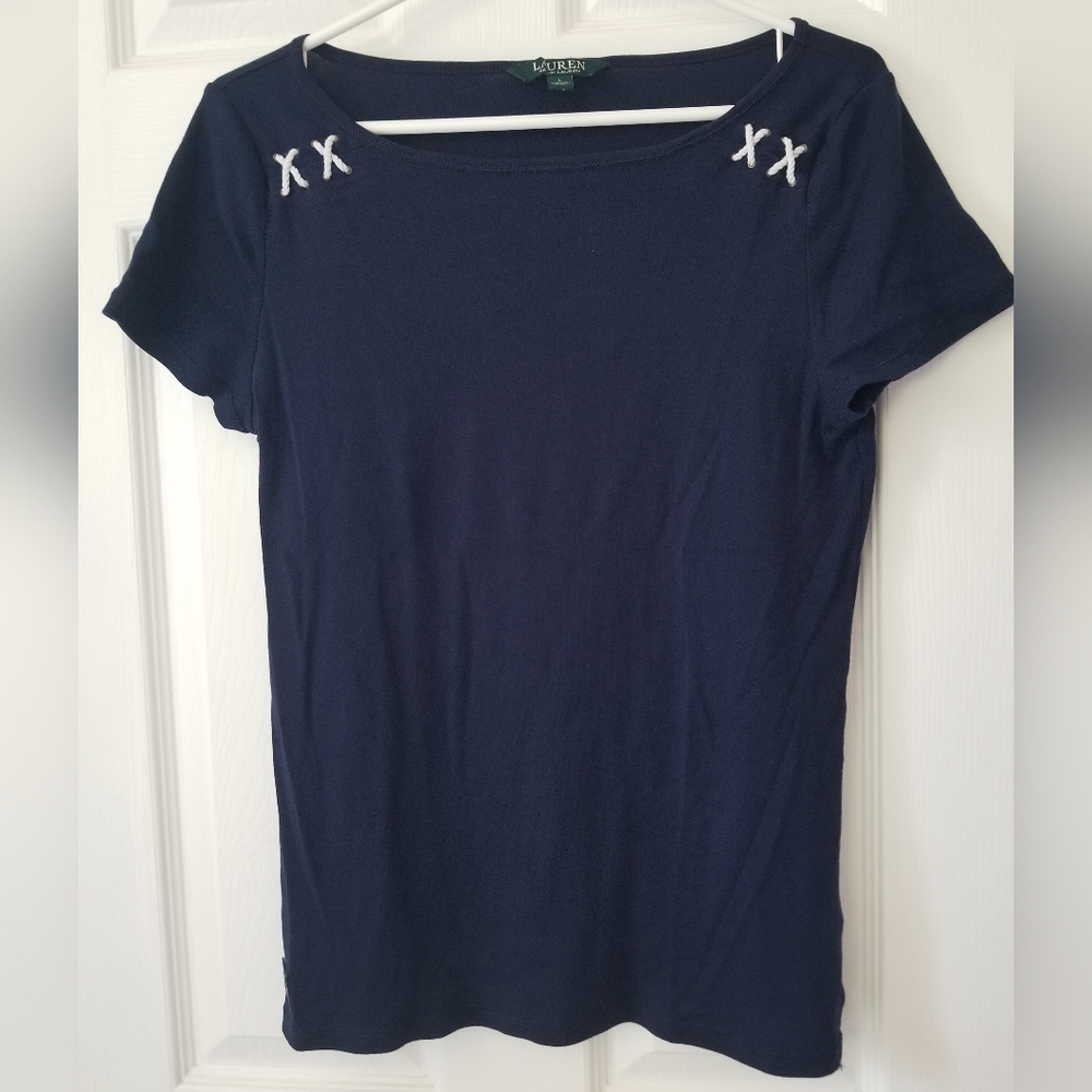 Lauren Ralph Lauren Shirt Top  L  Navy Nautical Rope Stitch Short Sleeve Cotton